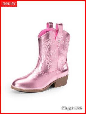 Girls Western Cowboy Boots Faux Leather Slip-On Mid-Calf